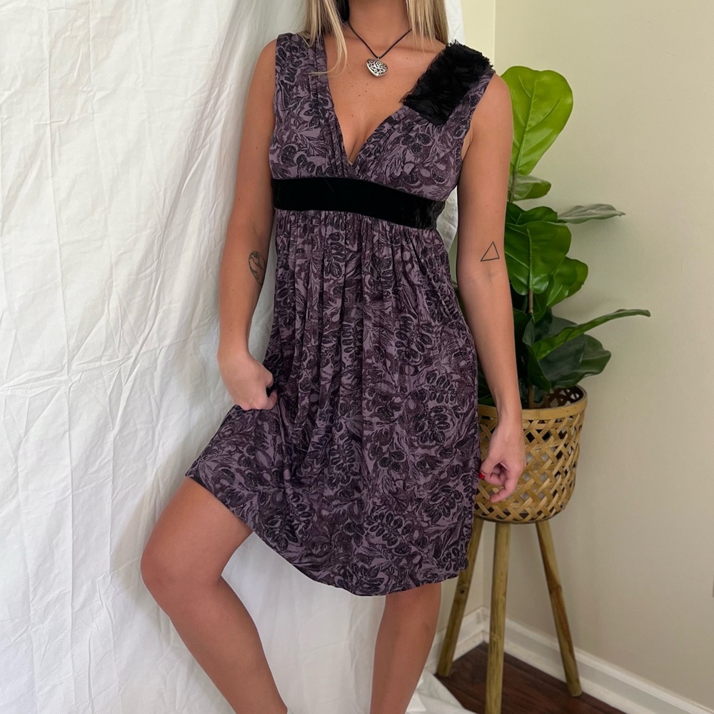 Y2K Grey + Black Floral Deep V-Neckline Dress